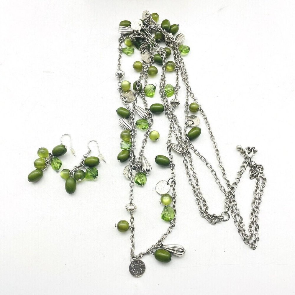 Green Beaded Station Double Strand Necklace and Pierced Earring Set Silver Tone